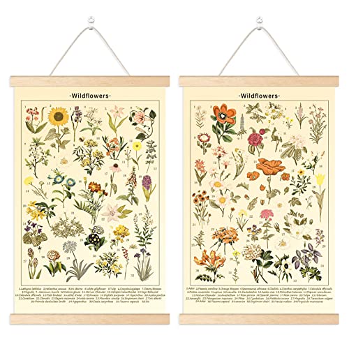 Chenkaiyang 2 Pcs Vintage Hanging Poster,Flowers Wall Hanging Botanical Rustic Retro Wall Art Prints Flower Chart Posterfor Living Room Decor,12.7 X 21.6 Inch - color: flowers