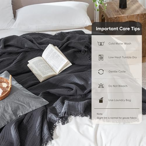 MooMee Muslin Blanket - 100% Cotton 4-Layer Gauze Throw Blanket with All-Around Fringe, Soft Breathable Lightweight Cooling Summer Blankets for Bed Couch (Dark Grey,Throw XL 50" x 70") - color: Dark Grey, size: Throw XL