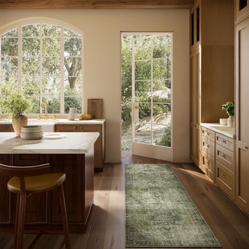 Machine Washable Kitchen Runner Rug: 2'x6' Hallway Rug Non Slip Low-Pile Stain Resistant Soft Carpet Runners for Entryway Hallways Kitchen Laundry Room Beside Farmhouse - color: Black and Green, size: 2' x 6' (Rectangular)