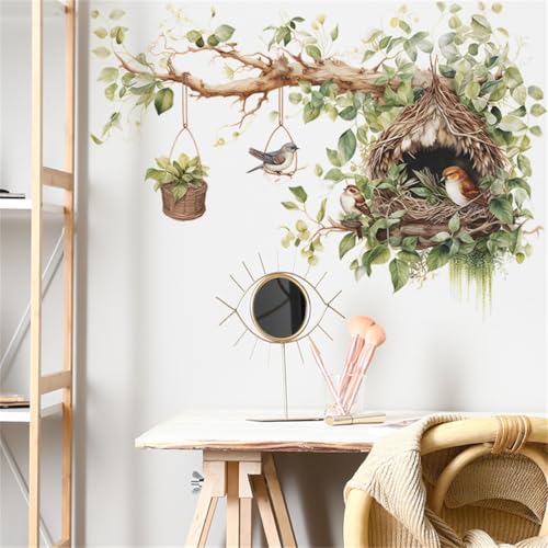 Bird Nest and Tree Branch Wall Decal, Decorative Vinyl Large Tree Branch Wall Sticker with Hanging Basket Design, Nature-Inspired Birds Nests Room Decor (Cute Bird Nest)