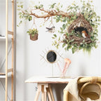 Bird Nest and Tree Branch Wall Decal, Decorative Vinyl Large Tree Branch Wall Sticker with Hanging Basket Design, Nature-Inspired Birds Nests Room Decor (Cute Bird Nest)