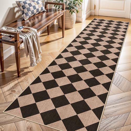 2x8 Checkered Runner Rug for Hallway: Washable Faux Jute Runners Indoor Farmhouse Style - Carpet Non-Slip Backing - Non Slip Narrow Floor Runners for Entryway Kitchen Living Room (Black/Brown,2x8) - color: Black/Brown, size: 2' x 8' (Rectangular)