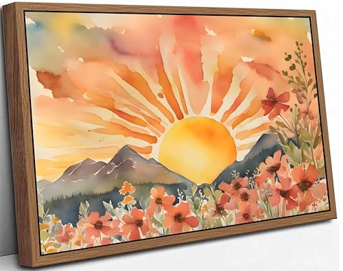 Framed Boho Sun Canvas Wall art Mid-Century Modern Abstract Bohemian Sunset in The Mountains Watercolor Wildflowers Sunrise Landscape Picture Wall Decor Poster Print Artwork for Living Room - color: Framed, size: 24"L x 16"W