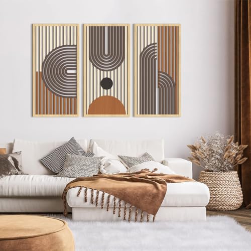 IARTTOP Mid century Modern Decor 16x32 Inch Large Boho Wood Wall Art Abstract Wooden Wall Decor Minimalist Bohemian Orange Artwork for Living Room Bedroom Office Set of 3 - color: Brown boho, size: 16 x 32 inches