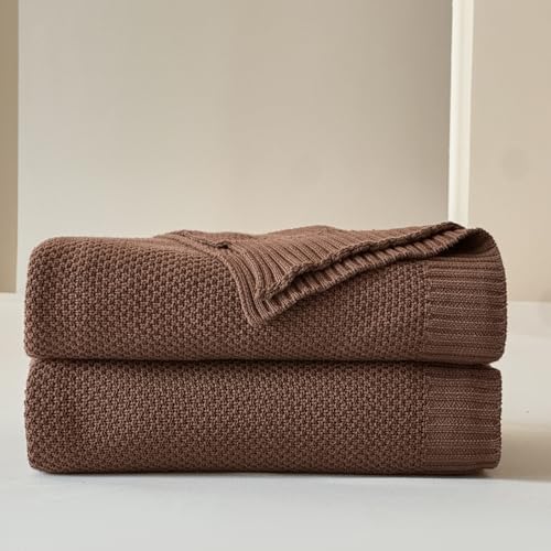 Simple&Opulence 100% Cotton Blanket Queen Size, Solid Color Cable Knitted Blanket Super Soft Comfortable Breathable Decorative Farmhouse for Couch Sofa Bed, All Season Use(Coffee,90x90) - color: Coffee, size: Queen Size 90x90"