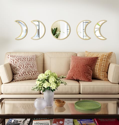 10.4" Raw Acrylic Moon Phase Wall Mirror Set - 5-Piece Boho Celestial Decor for Living Room Bedroom Entryway, Easy Stick-On Installation, Shatterproof Safety Design - color: Raw