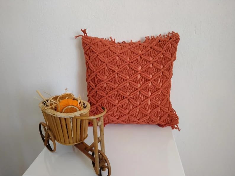 Rust Terracotta Macrame Throw Pillow Cover, Boho Textured Knitted Fringe Decorative Cushion Case, Diamond Lattice Woven Square Pillowcase for Sofa Couch Bedroom Farmhouse Home Decor, 18x18 Inch (Pillo