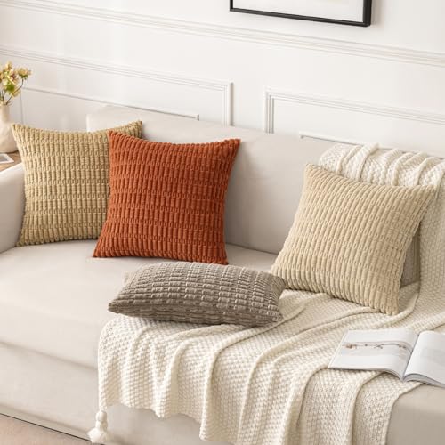 MIULEE Pack of 2 Corduroy Decorative Throw Pillow Covers 12x12 Inch Soft Boho Striped Pillow Covers Modern Farmhouse Home Decor for Sofa Living Room Couch Bed Tan - color: Tan, size: 12" x 12" (Pack of 2)