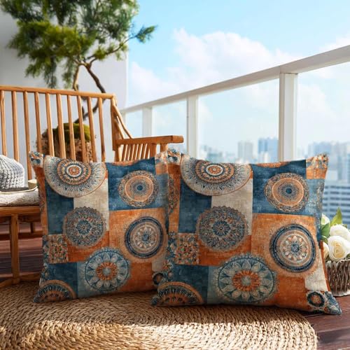 Firmiso Boho Patchwork Print Throw Pillow Covers 18x18 Set of 2 | Decorative Cushion Covers for Sofa Couch Bed | Eclectic Modern Home Decor Pillow Cases | Blue Orange Geometric Accent - color: Boho Patchwork