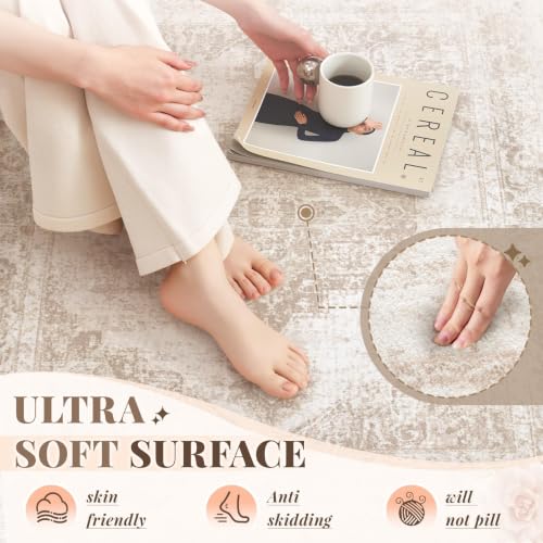 Area Rug 2x6 Runner Rug: Washable Vintage Hallway Rugs Indoor Medallion Rug Low Pile Distressed Floor Carpet Retro Accent Rugs for Kitchen Bedroom Bathroom Dining Room(Beige, 2'x6') - color: Beige, size: 2' x 6' (Rectangular)