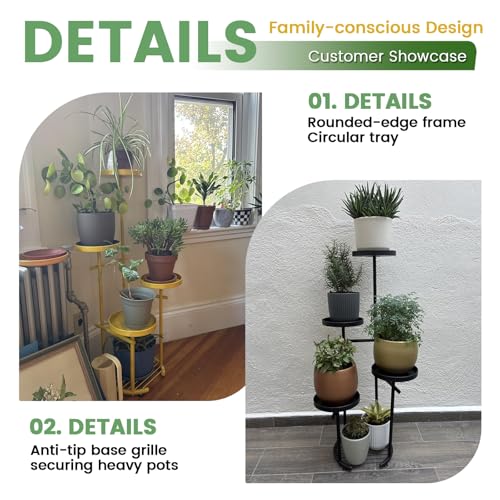TOSKING 5-Tier Metal Plant Stand, Anti-Tip Round Base for Pots, Child & Pet Friendly, Space Saving Corner Shelf Flower Pot for Indoor Outdoor Use, Living Room Balcony Garden Patio Bedroom (Yellow, 38in) - color: Yellow, size: 5tier Rd Base