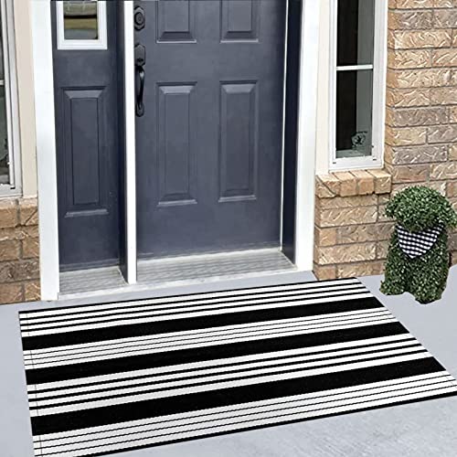 Striped Outdoor Rug 24'' x 51''Black and White Front Porch Mat, Cotton Washable Woven Layered Doormats for Entryway Bedroom - color: Black Striped, size: 2' x 4'3" (Rectangular)