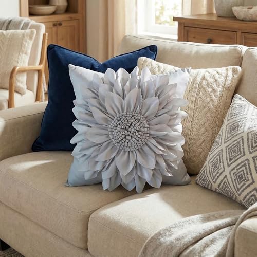 Bella's Giftshop 3D Sunflower Decorative Throw Pillow Covers for Bed Sofa Couch Chair, Accent Floral Taffeta Cushion Cover, Handmade Pillow Cases Living Room Decor, 17x17 Inch-Silver Gray - color: Gray