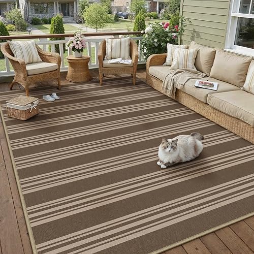 PureCozy Striped Easy Jute Rug 6x9 Brown Living Room Carpet Washable Non Slip Bedroom Rug Farmhouse Neutral Non Shedding Indoor Outdoor Large Carpet for Dining Room Under Table Office - color: Brown/Striped, size: 6' x 9' (Rectangular)