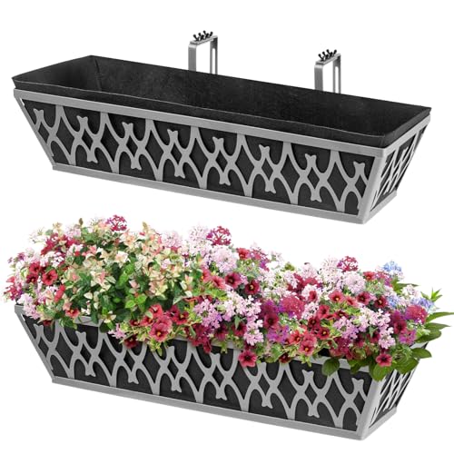 2 Pack 24 Inch Window Boxes Planters Railing Planter Box with Adjustable Brackets & Non-Woven Fabric Plant Grow Bags Deck Railing Planter Boxes Balcony Hanging Flower Box for Outdoor Plants - color: 2 Pack-grey, size: 24 Inch