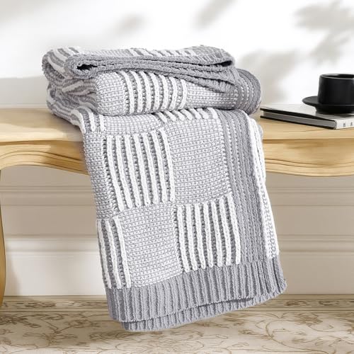 Amélie Home Knit Throw Blanket, Soft Chenille Cozy Breathable Dual Tone Checkered Chunky Decorative Blanket for Couch, Bed & Sofa, French-Inspired Lightweight Warm Gift for Women, Gray, 50"x60" - color: Checkered Gray&ivory, size: Dual Tone Checkered Knit
