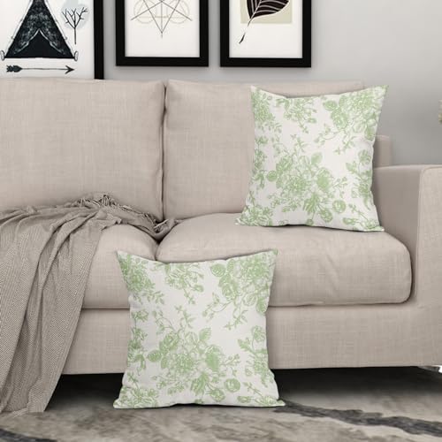 Kawani Apple Green and Cream Floral Pillow Covers 18x18 Inch Set of 2 Vintage Green Floral Throw Pillow Covers Chinoiserie Flower Pillowcases Cotton Linen Cushion Covers for Couch Decor - color: Apple Green, size: 18" x 18" (Pack of 2)