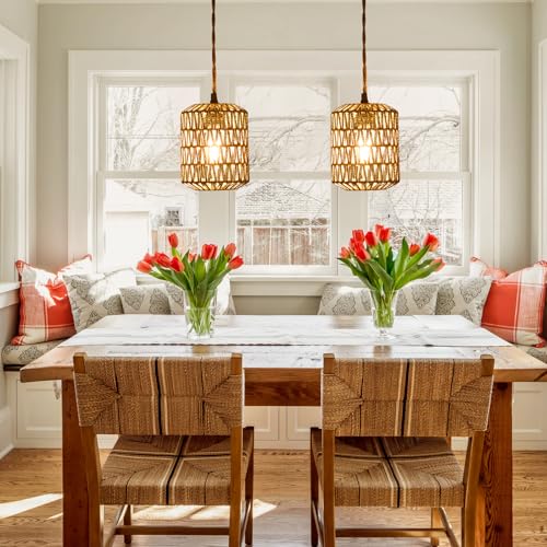 Plug in Pendant Light with 6W LED Bulb Warm Light(3000K) Dimmable Switch Cute Rattan Hanging Lamp Cord 15ft Hand Woven Plug in Chandelier Boho Hanging Lights Fixture for Bedroom Kitchen - size: 1 Light (Bulb Included)