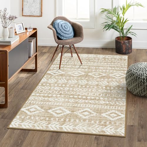 Lahome Boho Geometric 3x5 Rug, Low-Pile Soft Washable Tan Bedroom Rug Non-Slip, Rustic Tribal Print Pattern Large Bathroom Rugs Indoor Throw Rug Carpet for Entryway Office Laundry Room Varena - color: Tan/White, size: 3' x 5'