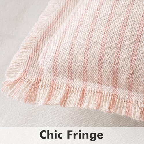 MIULEE Pack of 2 Pink Pillow Covers 18x18 Inch Striped Farmhouse Couch Spring Valentine Throw Pillow Covers with Fringe Chic Cotton Decorative Cushion Covers for Sofa Living Room Bed Home Decor - color: Pink, size: 18" x 18" (Pack of 2)