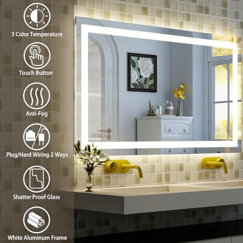 XRAMFY 48'' x 32'' LED Bathroom Mirror with Lights, Wall Mirror with Front and Backlight, 3 Colors Vanity Mirror with Lights, Anti-Fog Wall Mirror for Bathroom - size: 48"L x 32"W