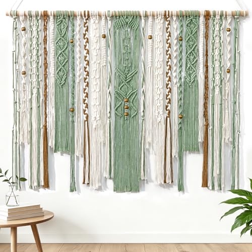 MEIVINES Macrame Wall Hanging Large Wall Art Handmade Woven Tapestry Boho Tapestry Macrame Wall Decor Art Home decoration for Living Room Bedroom Apartment Dorm Wedding Party 38" x 29" - color: Light Green