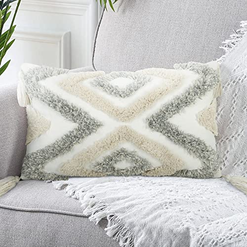 Merrycolor White Grey Boho Pillow Covers 12x20 with Tassels Tufted Decorative Gray Throw Pillows Neutral Modern Accent Pillowcase Farmhouse Square Cushion Covers for Couch Sofa Bedroom Living Room - color: Grey and White 1, size: 20" x 12" (Pack of 1)