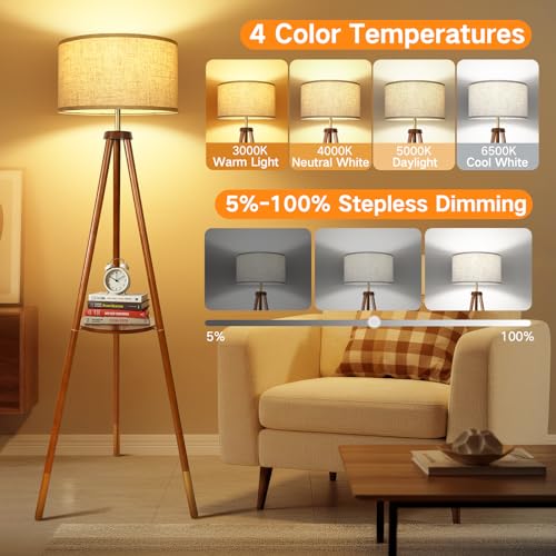OUTON Wood Tripod Floor Lamp with Shelves, Mid Century Floor Lamp with Remote Control, 4 Color Temperature, LED Modern Dimmable Standing Lamp for Living Room, Bedroom, Office, Walnut & Gold - color: Walnut & Gold