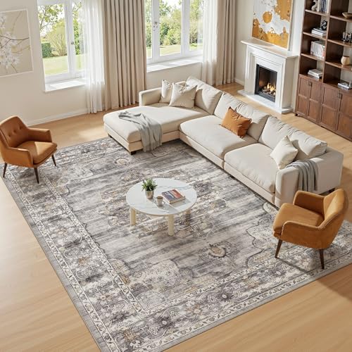Washable 5x7 Area Rug for Living Room - Ultra Soft Vintage Carpet with Non-Slip Backing, Stain Resistant Low-Pile Indoor Rug for Bedroom & Home Office, Kid & Pet Friendly- Grey - color: Grey, size: 5' x 7' (Rectangular)