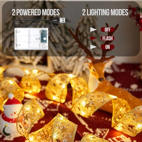 Christmas Ribbon Fairy Lights 33Ft 100 LED String Lights Battery Operated 2In Gold Foil Ribbon with Warm White Twinkle Firefly Lights Indoor Starry Holiday Decoration for Christmas Tree - size: Ribbon Lights