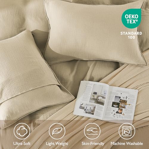 EMME Muslin Cotton Duvet Cover Set Queen Size Linen Like Soft Breathable Lightweight Summer Comforter Cover Set with Zipper Closure (Queen, 90"x90") - color: 02 - Beige, size: Queen(90"×90")