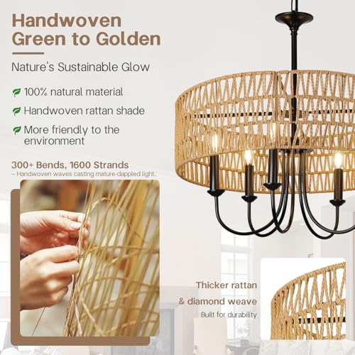 24 Inch Farmhouse Rattan Chandelier, Hand-Woven Boho Pendant Light Fixture with Black Metal Frame, Rustic Hanging Ceiling Lighting for Dining Room, Kitchen Island, Living Room, Bedroom - color: Rattan B