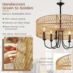24 Inch Farmhouse Rattan Chandelier, Hand-Woven Boho Pendant Light Fixture with Black Metal Frame, Rustic Hanging Ceiling Lighting for Dining Room, Kitchen Island, Living Room, Bedroom - color: Rattan B