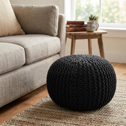 BIRDROCK HOME Round Pouf Ottoman Foot Rest - 18.5”x18.5”x15” Boho Compact Comfortable Soft Cotton Braided Foot Stool with Bean Bag Filling for Living Room, Bedroom, or Nursery (Charcoal Gray) - color: Charcoal Gray