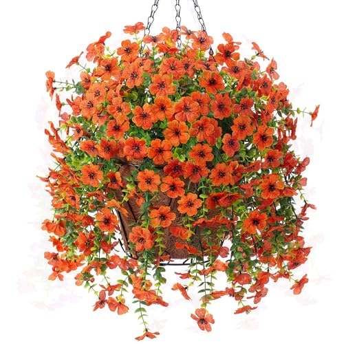 Artificial Fake Hanging Flowers Plants with Basket for Outdoor Decor, Fake Flower Plants No Fade Plastic Faux Silk Daisy Flowers Hanging Decoration for Farmhouse Home Garden Porch Patio(Orange) - color: Dyellow
