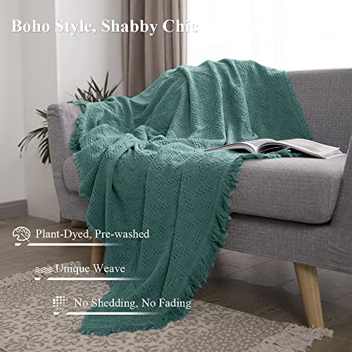 Simple&Opulence 100% Cotton Throw Blanket for Bed, Couch, Boho Luxury Geometric Knit Woven Blanket with Tassels Soft Lightweight Cozy Breathable, Vintage Farmhouse Decoration for All-Season(Green) - color: Dark Green