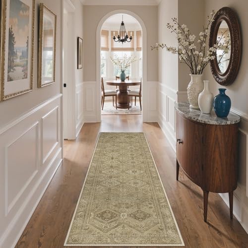 Bavni 2x5 Runner Rugs for Hallways Kitchen, Washable Rug Vintage Print Carpet, Low Pile Lightweight Mat with Non Slip Backing, Light Brown - color: Area Brown, size: 2' x 5' (Rectangular)