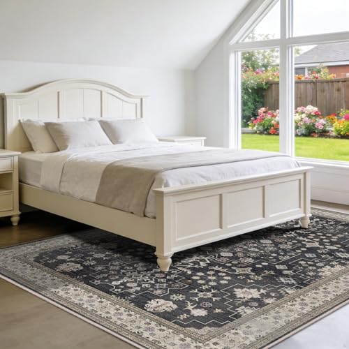 8x10 Washable Area Rugs for Living Room, Non-Slip Stain Resistant Soft Vintage Extra Large Area Rug, Low Pile Indoor Boho Rug for Bedroom Dining Room Farmhouse (Charcoal Blush Ivory) - color: Charcoal Blush Ivory, size: 8' x 10' (Rectangular)