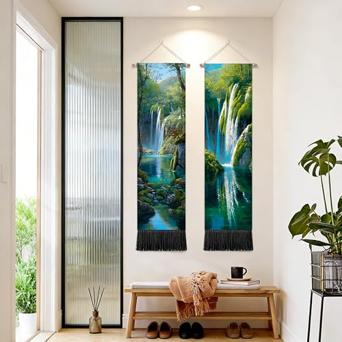 seewan 2 Pack Long Vertical Wall Tapestry, Boho Nature Landscape & Floral Aesthetic Wall Hanging for Bedroom Living Room Home Decor, Long Narrow Art Tapestry with Sunrise Mountain Botanical Designs, 13" × 51" (Waterfall Jungle Glow, 13"Wx51"H, Unframed) -