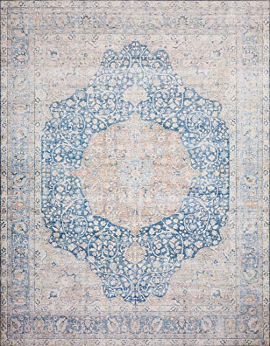 Loloi Layla Collection LAY-07 Blue/Tangerine 2'-3" x 3'-9" .13" Thick Accent Rug, Soft, Durable, Vintage Inspired, Distressed, Low Pile, Non-Shedding, Easy Clean, Printed, Living Room Rug - color: Blue / Tangerine, size: 2'3" x 3'9" (Rectangular)