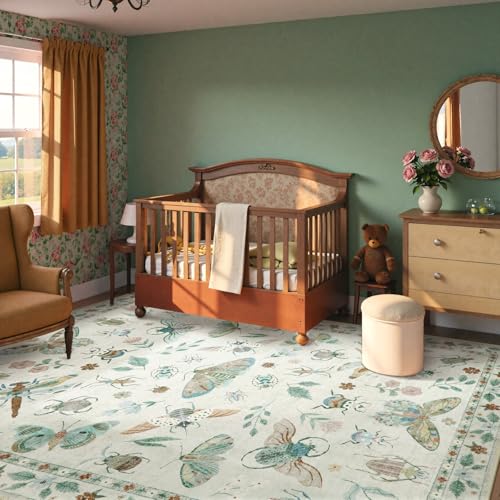 Beeiva Insect Print 8x10 Rug for Bedroom - Beige Fantasy Moth Rug for Living Room Dining Room Under Kitchen Table Nursery, Vintage Non Slip Large Carpet Butterfly Cottagecore Decor(8'x10',Beige) - color: Beige, size: 8' x 10' (Rectangular)