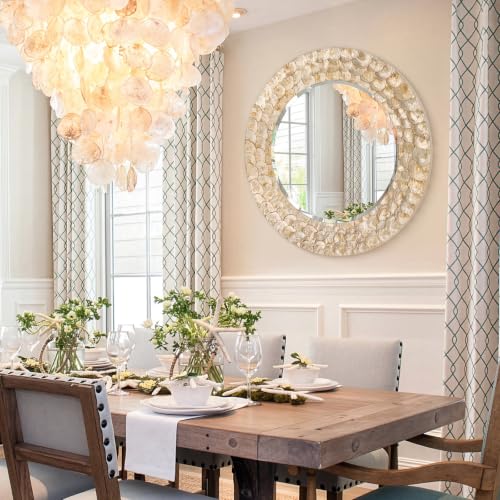 Gold Capiz Shell Round Mirror, 36'' Coastal Large Gold Mirror with Natural Capiz Seashell Frame, Decorative Circle Wall Mirrors for Living Room Mantel Bathroom Entryway - color: Gold, size: 36"L x 36"W