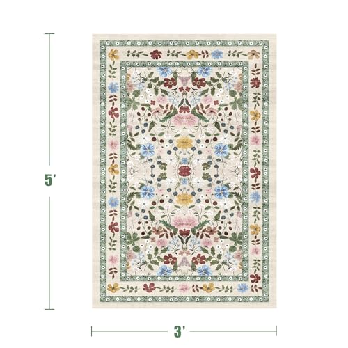 Floral Area Rugs 3x5 Small Thin Entryway Rug - Vintage Boho Washable Non-Slip Living Room Carpet Soft Low Pile Bedroom Floor Mat Indoor Home Decor for Dining Room Playroom Farmhouse, Beige/Green/Multi - color: Beige/Green/Multi, size: 3' x 5' (Rectangular