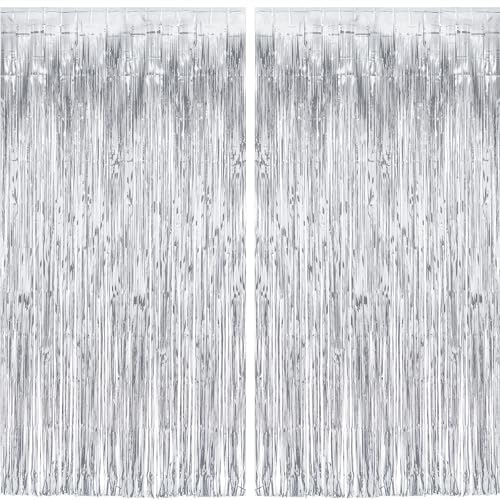 Silver Streamers Metallic Party Backdrop - GREATRIL Foil Fringe Tinsel Curtain for 2026 NYE/Birthdays/Prom/New Years/Graduations/Photo Booth, 8.2ft x 3.2ft - Pack of 2 - color: Pure Silver