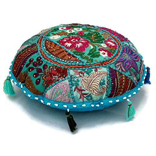 Round Traditional Floor Pillow Adult Bohemian Turquoise Blue 18 Inch Patchwork Living Room Pouf Ottoman Home Decor Embroidered Vintage Cotton Indian Floor Cushion for Kids 45 cm