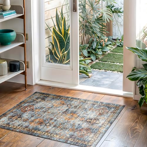 Bloom Rugs Washable Non-Slip 2' x 3' Rug - Blue/Orange Traditional Bordered Area Rug for Living Room, Bedroom, Dining Room, and Kitchen - Exact Size: 2' x 3' - color: Blue / Orange, size: 2' x 3' (Rectangular)