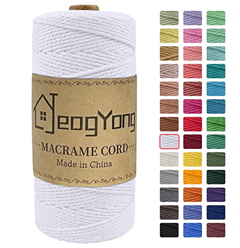 JeogYong Macrame Cord 2mm x 218 Yards, 3-Strand Twisted Natural Cotton Rope, Cotton String Coloured Craft Cord for Plant Hanger Wall Hanging Knitting Crafts, White Color - color: White