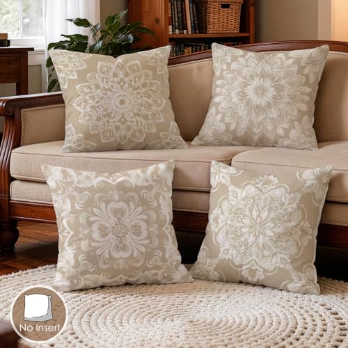 OBSEDE Beige White Mandala Decorative Throw Pillow Covers 18x18 Set of 4 Faux Linen Cushion Cases Single-Sided Print Minimalist Elegant Accent Pillows for Couch Sofa - color: Beige White Mandala