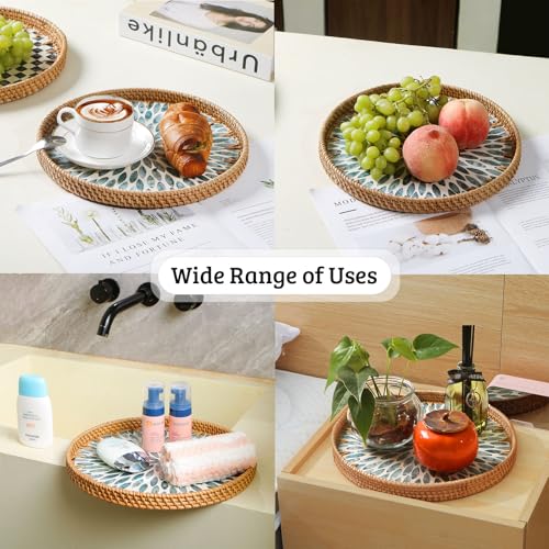 Round Rattan Tray with Mother of Pearl Inlay, Decorative Wicker Serving Tray with Wooden Base, Woven Basket Trays for Bread Fruits Coffee, Light Blue - color: Light Blue