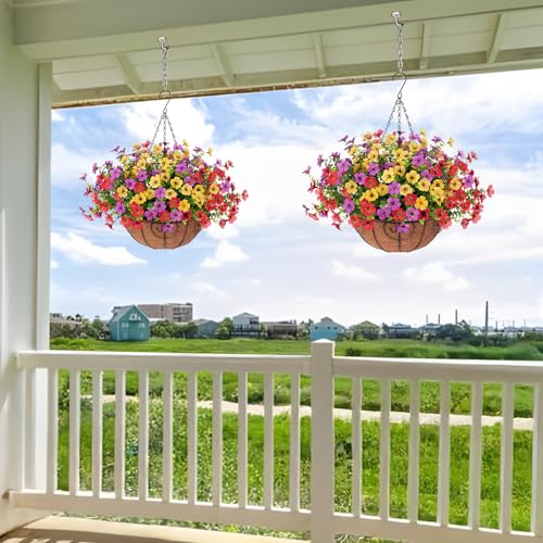 Ammyoo Artificial Faux Hanging Plants Flowers Basket for Spring Outdoor Decoration, Fake Silk Daisy UV Resistant Look Real with Eucalyptus Leaves Summer Outside Decor for Home Patio Garden - color: Red Purple Yellow
